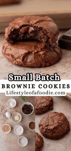 small batch brownie cookies with chocolate frosting on top and in the middle, next to an open cookie