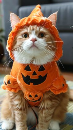 a cat dressed up like a pumpkin for halloween