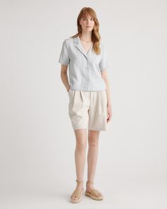 A year-round linen short-sleeve shirt? Yes, please. This button down linen shirt has a collar for an elevated look, is lightweight and made from organic materials. Its airy construction makes it perfect for basically occassion. Especially with the matching linen pants.  | Quince | Women's Short Sleeve Shirt in Mist, Size Medium, Linen Linen Short Sleeve, Classic Blouses, Linen Tank, Short Sleeve Shirt Women, Linen Short, European Linens, Linen Blouse, Silk Skirt, Linen Shorts