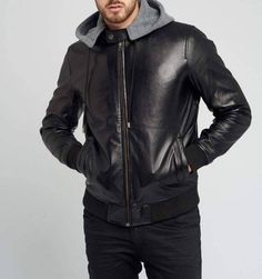 Men's Black Solid Casual Motorcycle Biker Bomber Leather Jacket with Grey Fleece Hood, Men's Black Biker Hooded Bomber Leather Jacket - from Power Knots. Material Type : 100% Genuine/Real Soft Lambskin Leather.  Collar : Mandarin Style Stand Collar Pattern : Solid Fit : Tailored Fit Closure Type : Front Zipper Closure. Hemline : Straight Hemline. Sleeves Style : Long Sleeves. Number of Pockets : Inner Pockets : 1 Outer Pockets : 2 Side Welted Pockets. Color : Green  Lining Material : Inner Linin Urban Hooded Jacket With Padded Collar, Casual Hooded Outerwear For Motorcycling, Urban Black Biker Jacket For Winter, Leather Biker Jacket For Cold Weather, Black Hooded Jacket With Zip Fly For Winter, Black Winter Hooded Jacket With Zip Fly, Winter Hooded Outerwear For Motorcycling, Winter Hooded Jacket With Double-lined Hood For Urban Adventures, Winter Double-lined Hooded Jacket For Urban Adventures