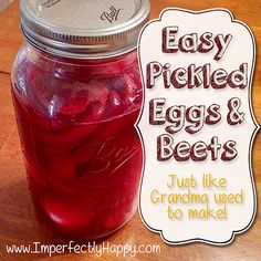 an easy pickled egg and beets recipe in a mason jar with text overlay