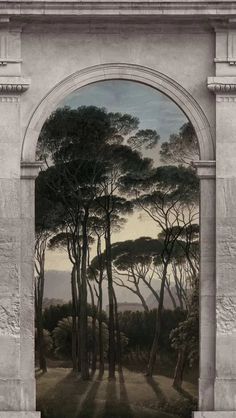 an arch with a painting on it and trees in the background