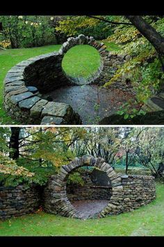 there are two pictures of the same area in this yard, one is made out of rocks and the other has a stone fire pit