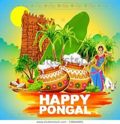 happy pongal with potted plants and dog on the occasion of pongal