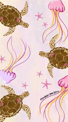 the sea turtle and jellyfish are depicted in this seamless pattern, as well as starfish