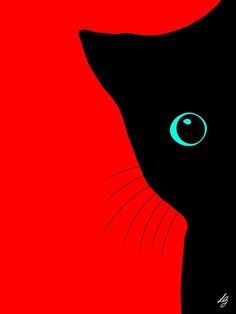 a black cat with blue eyes looking up at something in the distance on a red background