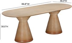 a wooden table with measurements for the top and bottom section, including an oval base