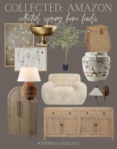 an assortment of furniture and lamps with the words, collected amazons created for home finds