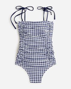 Shop  for the Ruched tie-shoulder one-piece swimsuit in gingham for women. Find the best selection of women womens-categories-clothing-swimwear-long-torso available in-stores and on line. Gingham Swimwear, Cute One Piece Bathing Suits, Modest Bathing Suit, Gingham Swimsuit, Cute One Piece, One Piece Bathing Suits, Swimsuit With Shorts, One Shoulder Swimsuit, Modest Swimsuits