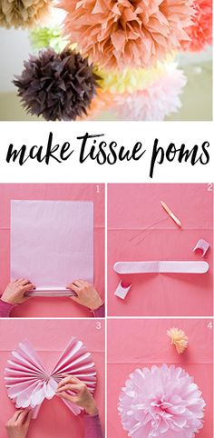 how to make tissue pom poms with paper flowers and ribbon on the ends