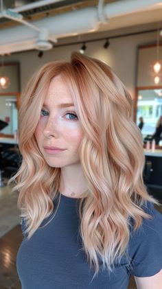 Blonde Hair Peach Highlights, Strawberry Blonde White Highlights, Icy Blonde With Strawberry Blonde, Blonde Balayage With Strawberry Blonde, Strawberry Blonde Hair Redken Shades Eq, Blonde From Red Hair, Light Copper Blonde Hair Color, Blonde Strawberry Balayage, Orange Hair With Highlights Blondes