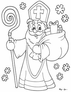 a cartoon character with a bag and a cross on his shoulder, holding a lollipop