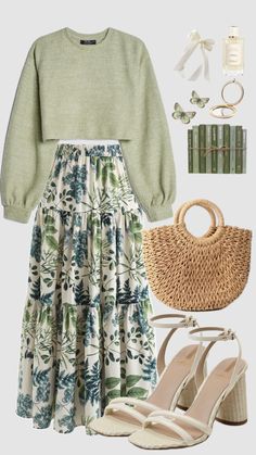 #churchoutfit #sweater #skirt #longskirt #beauty #spring #summer #sagegreen #greenaesthetic #outfit #modestfashion #easter #earthy #ootd Everyday Fashion Outfits, Neue Outfits, Casual Style Outfits