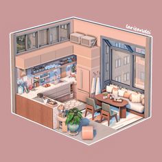 an aerial view of a kitchen and living room in a house or apartment with pink walls