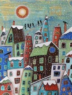 a painting of houses in the snow with birds flying over them and an orange sun