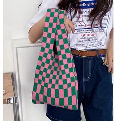 Beautiful And Stylish Tote Handbag Multiuse Polyester Pink And Green Checkered, Checkered Bag, Indie Aesthetic Outfits, Jeans Patchwork, Egirl Clothes, Green Checkered, Tote Outfit, Indie Aesthetic, Trendy Fashion Outfits