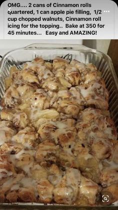 a pan filled with cinnamon rolls on top of a counter next to a tweet