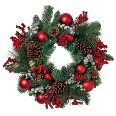 a christmas wreath with red ornaments and pine cones