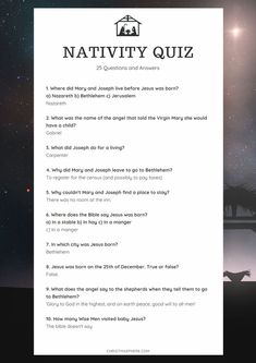 the nativity quiz is shown in front of a night sky with stars and clouds