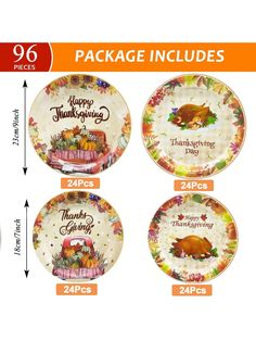 thanksgiving dinner plates with the words happy thanksgiving written on them and an image of turkeys