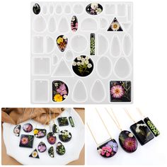 several different pictures of flowers and necklaces in plastic trays on a white surface