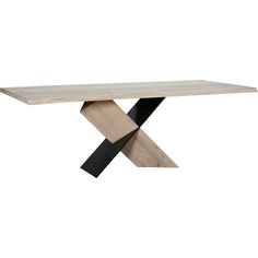 a wooden table with black metal legs and an x design on the top, against a white background