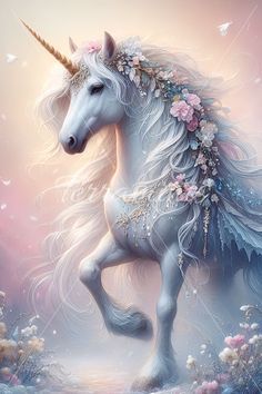 a painting of a unicorn with flowers on its mane