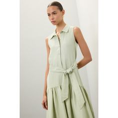 Light green linen (65% Rayon, 35% Linen). Casual dress. Sleeveless. Collared. Front button closure. 49" from shoulder to hemline. Imported. Linen Casual Dress, Marissa Webb, Linen Casual, Rent The Runway, Closet Designs, Tall Girl, Office Casual, Dress Sleeveless, Waist Tie