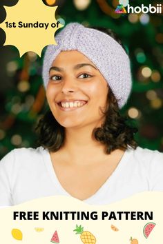 a woman wearing a knitted headband with the words free knitting pattern on it