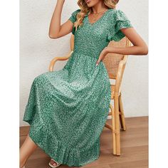 Green V Neck Pleated Chiffon Floral Dress Chiffon Maxi Dress With Short Sleeves, Non-stretch, Non-stretch Chiffon Maxi Dress With Short Sleeves, Green Bohemian Floral Print Chiffon Dress, Green Bohemian Chiffon Dress With Floral Print, Green Chiffon Dress For Spring, Flowy Chiffon Casual Maxi Dress, Flowy Casual Chiffon Maxi Dress, Casual Flowy Chiffon Dress With Ruffles, Casual Chiffon Dress With Ruffles