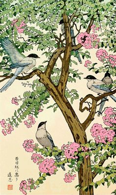 birds are sitting on the branches of a tree with pink flowers and green leaves in front of them