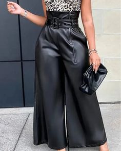 Lasaky - High Waist Wide Leg PU Leather Zipper Design Pants Design Pants, Afrikaanse Mode, Black Wide Leg Pants, Bodycon Floral Dress, Mode Casual, Pantalon Large, Crop Top Blouse, Women Pants Casual, Leather Zipper