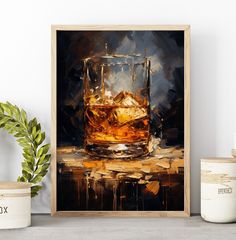 an oil painting of a glass of whiskey