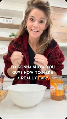 a woman standing in front of a bowl of food with the words, i'm person show you guys how to make a really easy