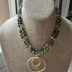 Beautiful Beaded Necklace. Using Mostly Green Tones Some Glass Crystal Beads Used A Artsy Brushed Gold Plated Pendant, Which Is 2 Inches Long. Brand New Without Tags. Comes From A Smoke And Perfume Free Home. Beautiful Beaded Necklaces, Oval Pendant Necklace, Green Tones, Oval Pendant, Circle Pendant, Glass Crystal, Bead Designs, Fun Things, Gold Pendant