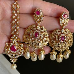 This Whole Bridal Collection Is By Tessoro, Mala Set With Earrings Are Gold Plated With Red Zircon Stones Tikka Gold Plated With Zircon Jhumar Is Qundan Style Used Once, Recently Bought, Excellent Condition. Comes In Air Tight Pouches Of Tessoro. Gutta Pusalu Jewellery Earrings, Festive Gold Plated Meenakari Bridal Earrings, Red Meenakari Bridal Drop Earrings, Ornate Gold Meenakari Jewelry Sets, Red Meenakari Drop Earrings, Gold Meenakari Ornate Jewelry Sets, Showstopper Cakes, Bridal Jewelry Set, Indian Weddings