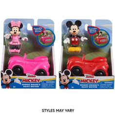 two mickey mouse toy cars are shown in the packaging for each child's vehicle