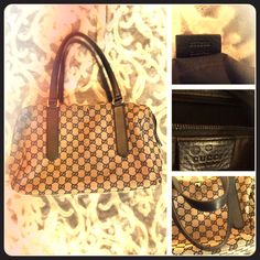 Authentic Loved Gray And Black Signature Pattern Canvas Gucci Bag With Leather Handles And Hardware Is Neither Gold Nor Silver But A Combination Of In Between. There Is Wear To The Bag As Shown In The Pictures. Please Note Both Sides Of The Bag Have Small Tear In Canvas. Handles Are In Great Condition. Bottom Is In Good Condition. Some Small Stain As Shown In The Pictures. Approx. 13x8.5 Inches. Strap Approx 8.5 Inch Drop Gucci Black Shoulder Bag With Handles, Chic Gucci Monogram Canvas Bag, Elegant Gucci Monogram Canvas Bag, Everyday Black Gucci Bag, Gucci Monogram Canvas Evening Bag, Black Gucci Monogram Canvas Shoulder Bag, Black Gucci Bag, Gucci Black, Leather Handles