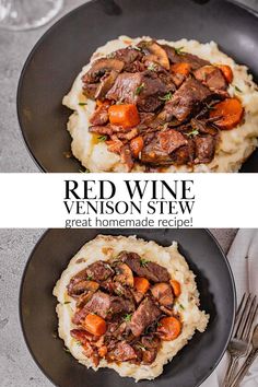 red wine venison stew is served over mashed potatoes in a black bowl