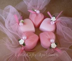 pink heart shaped soaps with bows and pearls