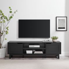 Modern 2-Door TV Stand for TVs up to 65” Living Room Walker Edison Breezy Aesthetic, Storage Tv Stand, Target Tv Stand, Black Tv Stand, Modern Entertainment Center, Framed Photos, Cubby Storage, Cord Management, Modern Tv Stand