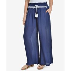 Ny Collection Brings Boho-Chic Vibes In These Wide-Leg Palazzo Pants, Perfectly Finished With A Tassel-Tie Drawstring Waist And Embroidery. Approx. Inseam: 31" Mid Rise; Relaxed Fit Through Hips And Thighs; Wide Tassel Drawstring Closure Embroidered Waistline Pockets At Sides Shell: Rayon; Lining: Cotton Machine Washable Imported Spring Casual Pants With Tassels, Casual Spring Tassel Pants, Casual Spring Pants With Tassels, Bohemian Blue Embroidered Pants, Blue Bohemian Embroidered Pants, Wide Leg Bottoms With Tassels, Spring Vacation Bottoms With Tassels, Cotton Pants With Tassels For Spring, Spring Cotton Pants With Tassels