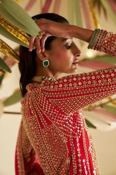 This red georgette sharara set features intricate sequin and bead embroidery in a geometric pattern. The full-sleeved top is paired with a flowy sharara and a matching dupatta.From Seema Gujral's Fiori collection. DELIVERY TIMEPlease allow 8-12 weeks for your outfit to arrive. FABRIC DETAILSGeorgette Professional cleaning only. Full Sleeve Top, Sharara Set, Sequins Embroidery, Garment Bags, Sequin, Full Sleeve, Stripes Pattern, Aza Fashion, Beaded Embroidery