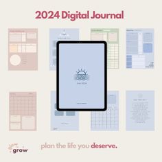 a tablet computer sitting on top of a desk next to calendars and sheets with the words digital journal