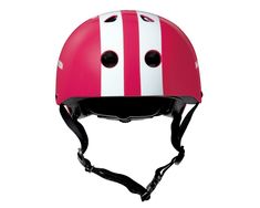 a red helmet with white stripes on it