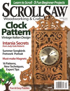 a wooden clock is featured on the cover of this magazine, which features woodworking and crafts