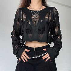 Distressed Gothic Crop Sweater With Full Long Sleeves - Vedlit Hollow Sweater, Oversized Crop Top, Crop Pullover, Vintage Crop Tops, Cropped Pullover, Grunge Vintage, Cropped Tops, Loose Outfit, Edgy Look