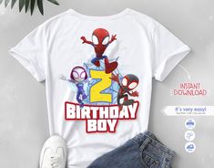 Superhero Character Print Birthday T-shirt, Superhero Character Print T-shirt For Birthday, Superhero Graphic Print Tops For Birthday, Diy Shirt Design, Diy Birthday Shirt, Birthday Shirt Design, 3rd Birthday Shirt, 3rd Birthday Boys, Spidey And His Amazing Friends