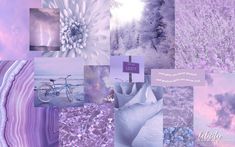 a collage of purple and white images