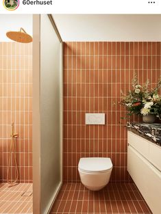 an orange tiled bathroom with a toilet and sink